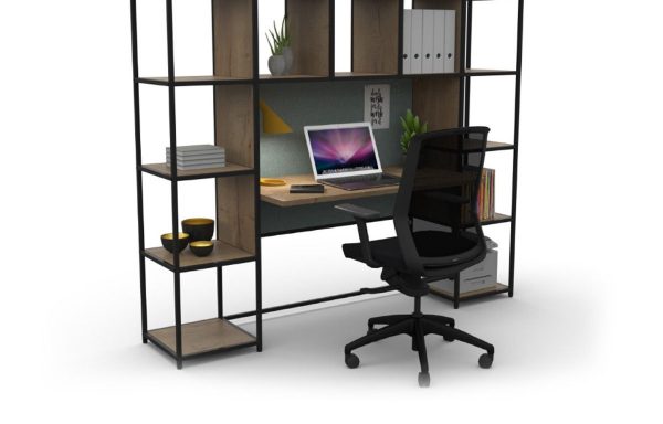 Stax 4 high x 5 wide shelf unit with integrated desk top & pinnable back panel